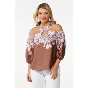 Cato Top Floral Print Cold Shoulder Halter Neckline Silky Multicolor Size XL